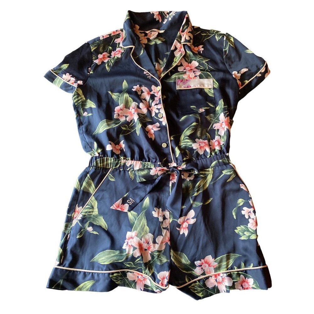 Victoria's Secret Blue Pink Floral Satin One Piece Romper Size Small